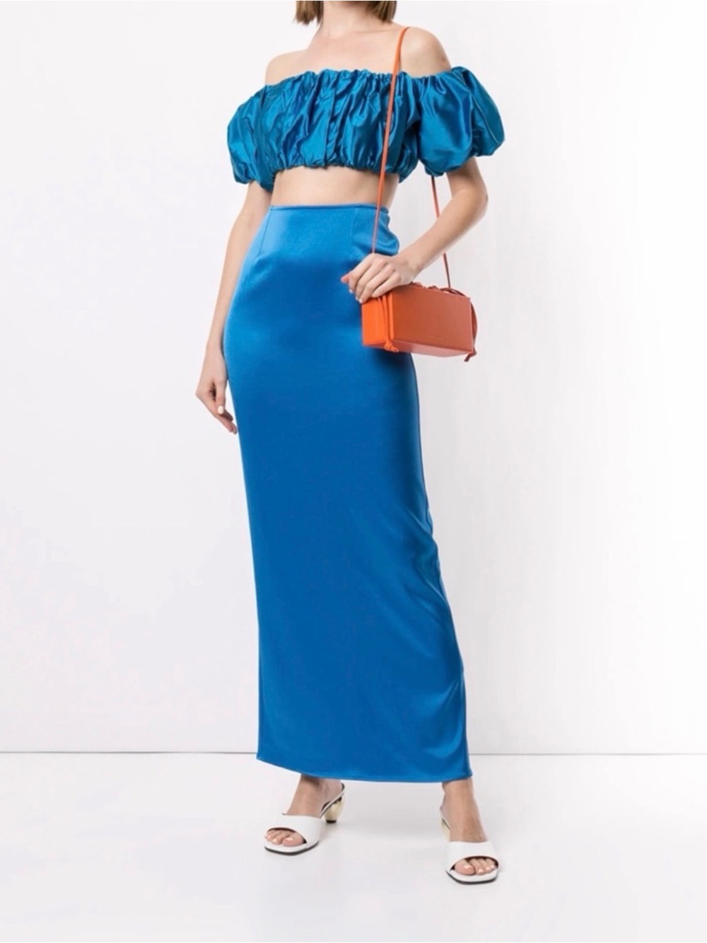 High-Shine Blue Satin Maxi Skirt